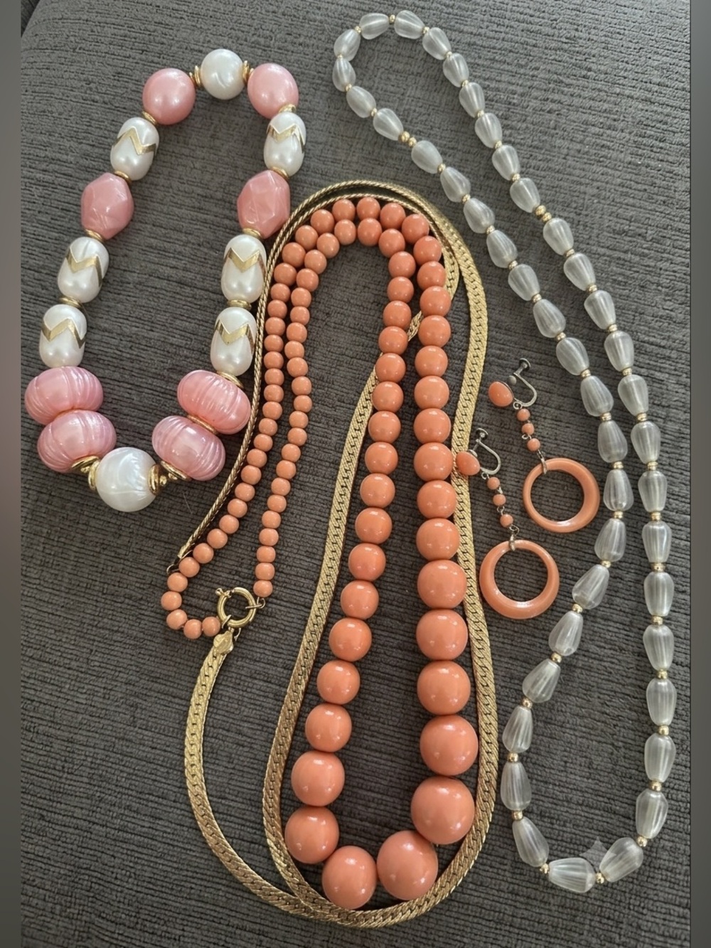 Vintage Necklace Lot Pink & Peach Statement, Gold Chain, Hoop Earrings Roper?